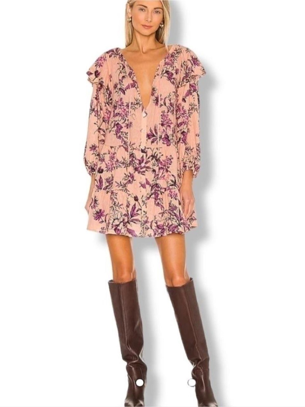 Free People Peach Floral Deep-V Tiered Mini Dress